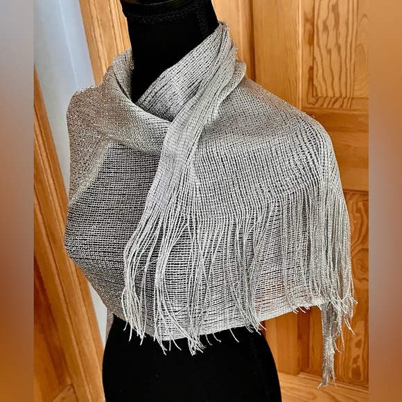 Metallic Silver Scarf Glam Holiday Going Out Gift Fringe Classy Dazzling Chic - Picture 13 of 17